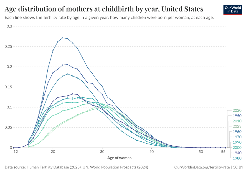 Age distribution of mothers at childbirth by year